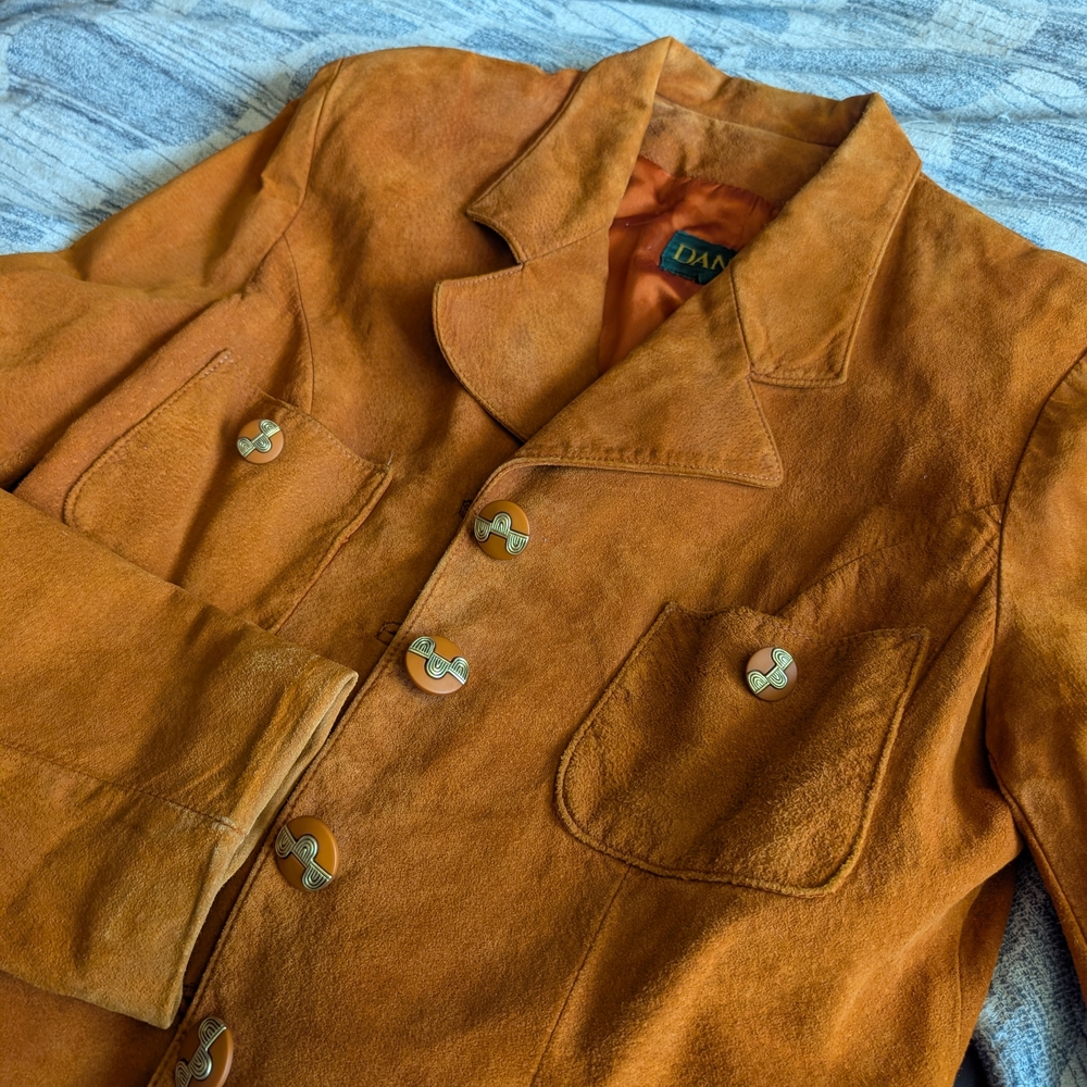 📼🇨🇦 Awesome Vintage Danier Orange Suede Jacket With Retro Buttons - Large - Picture 10 of 13